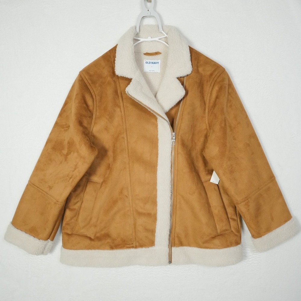 Old Navy Womens Bonded Sherpa Aviator Jacket Tan Faux Suede Moto Coat Large New